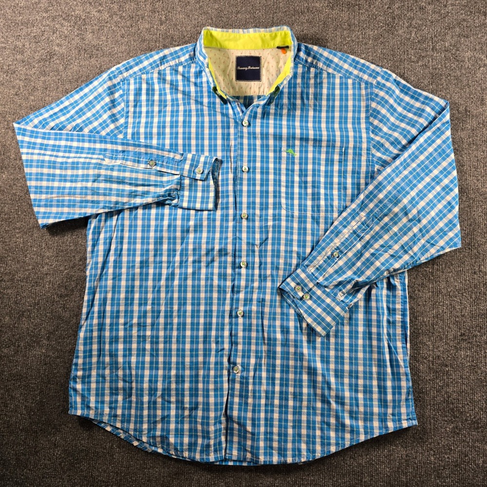 Tommy Bahama Mens XL Pima Cotton Blue Gingham Plaid Long Sleeve Button Shirt